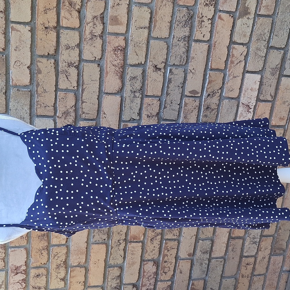 41 Hawthorn Navy Polka Dot Dress, Pockets, Sz XL, Scallop Neck, Spaghetti Straps